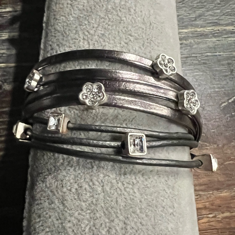 Sweet Lola 7 Strand Leather and Silver with Crystals Bracelet